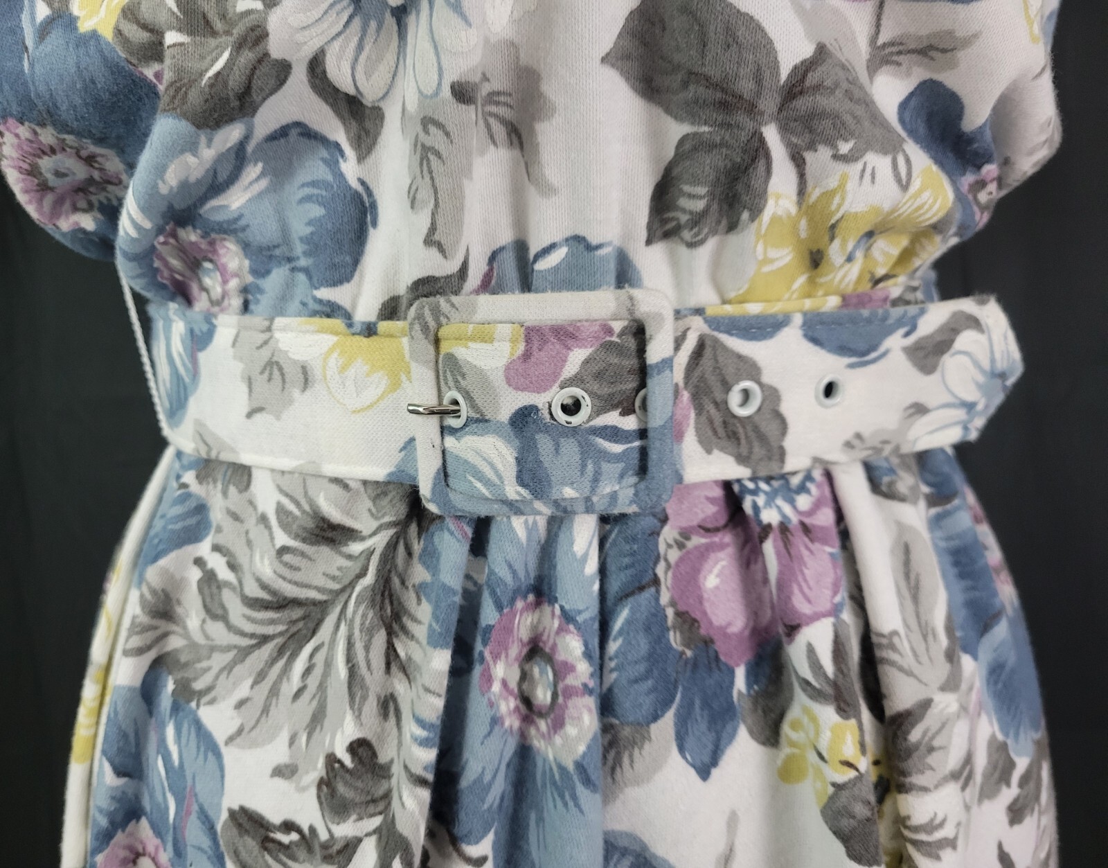 Vtg Stuart Alan Petites White/Blue/Purple Floral Blouson Knit Dress Size 8P
