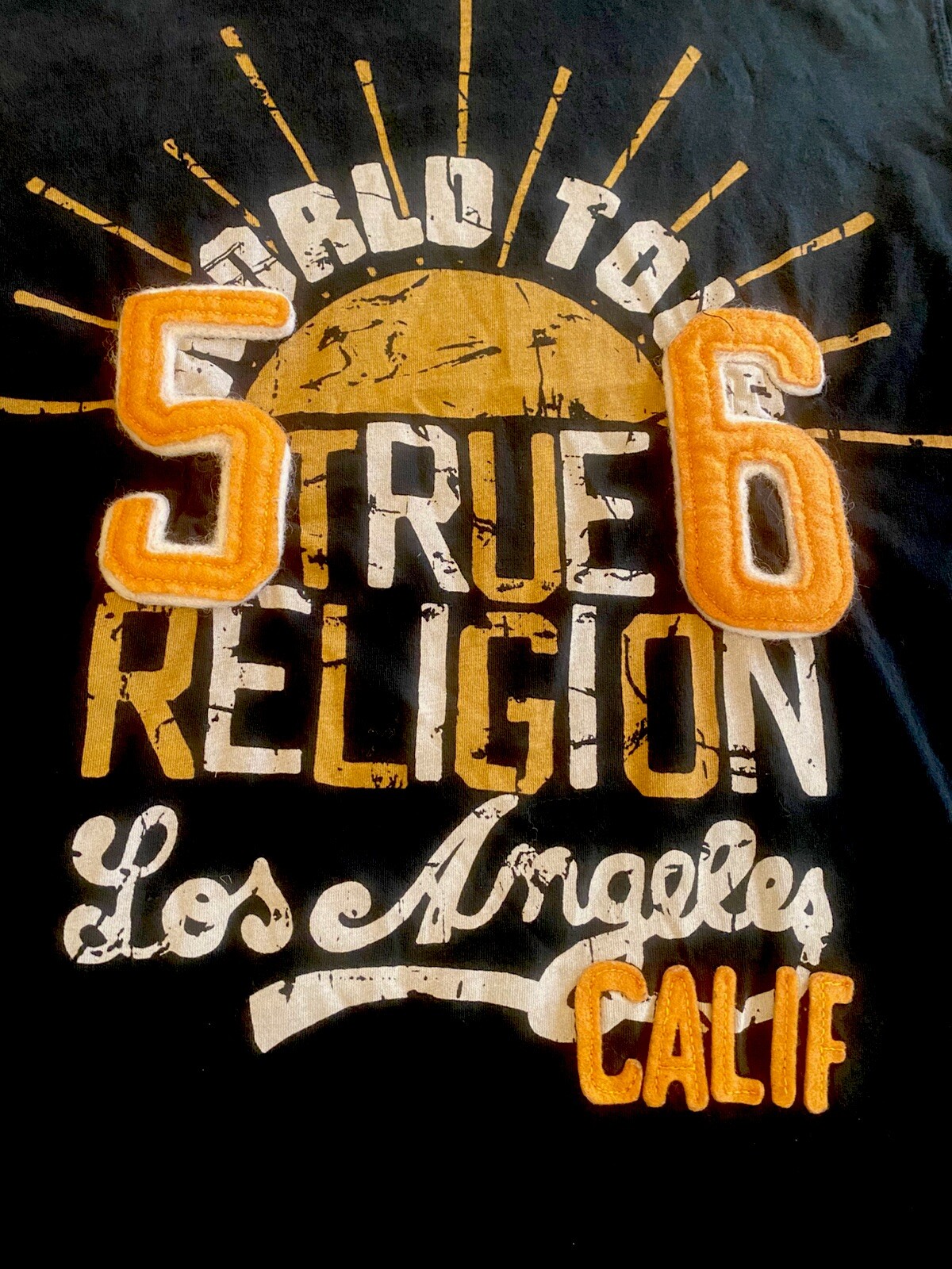 TRUE RELIGION T Shirt World Tour Los Angeles 56 EMBELLISHED Felt Black / Gold S
