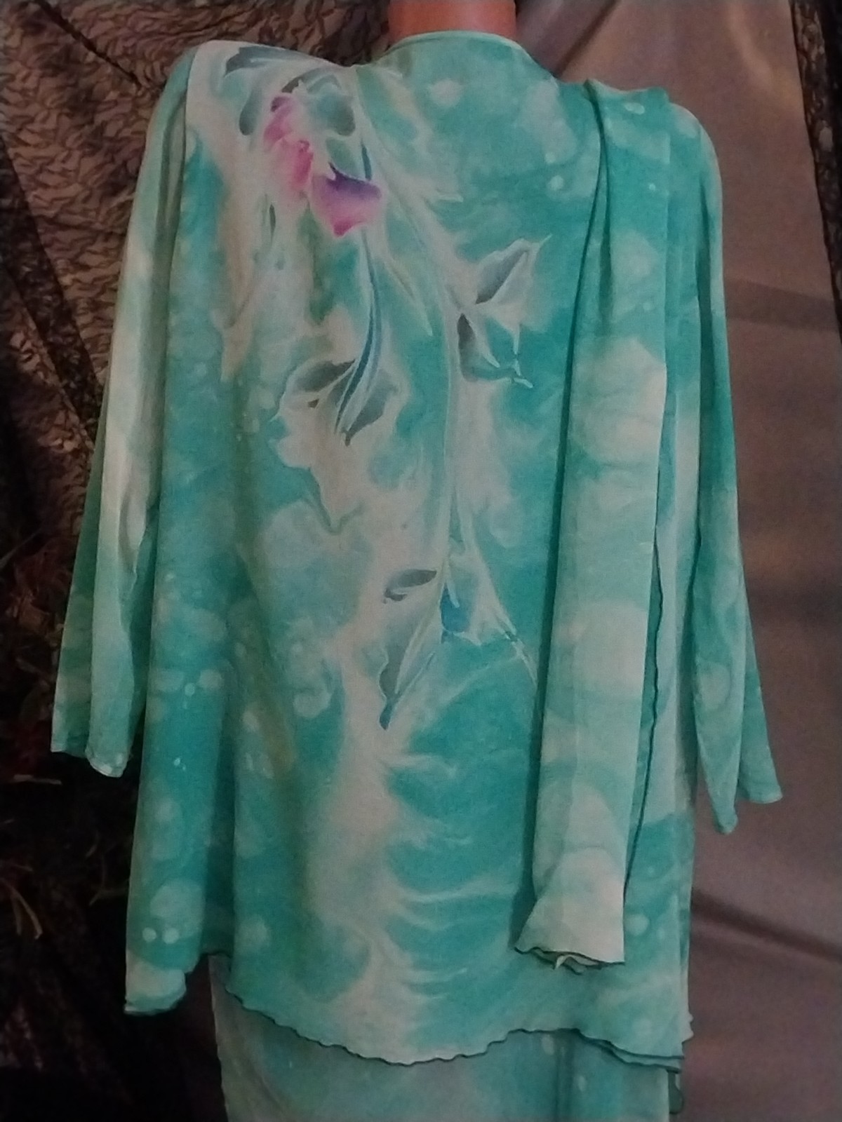 VTG SILK YOLANDA LORENTE HAND PAINTED FLORAL seafoam LAYERS SKIRT BLOUSE L 44