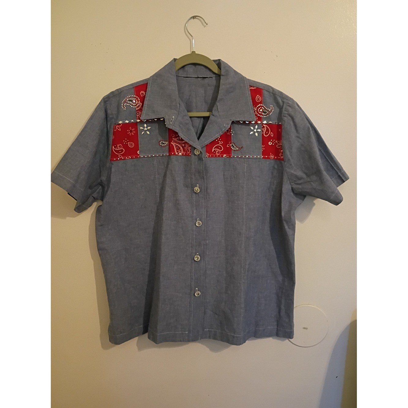 VTG Source Unknown Bandana Panels Embellished Denim Shirt Sz XXL Or 2XL