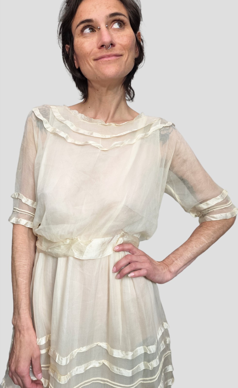 1910s Ivory Silk Chiffon Dress | Edwardian Tea Dress | Sheer Ribbon Trim Antique