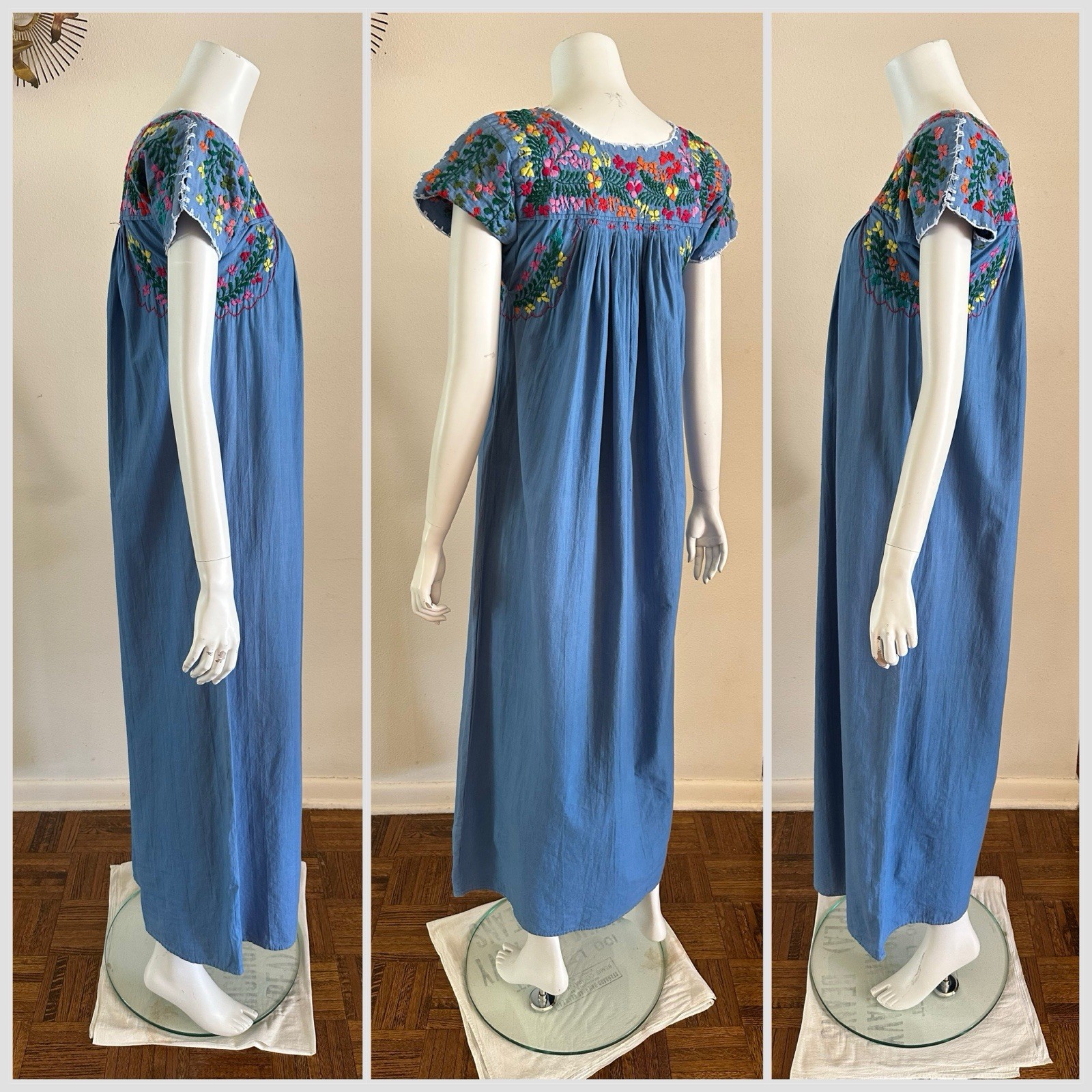1970s Blue Cotton Oaxacan Mexican Huipil Dress Embroidered Floral Maxi Sz S VTG