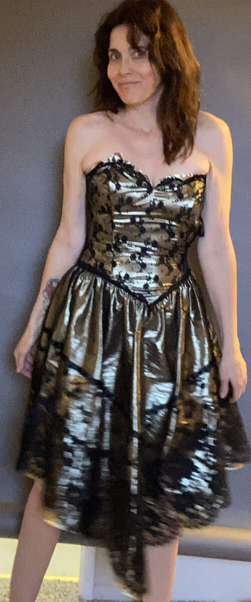 VTG New Leaf by Samir XS 0 2 Gold Black Metallic Party lace Dress Strapless