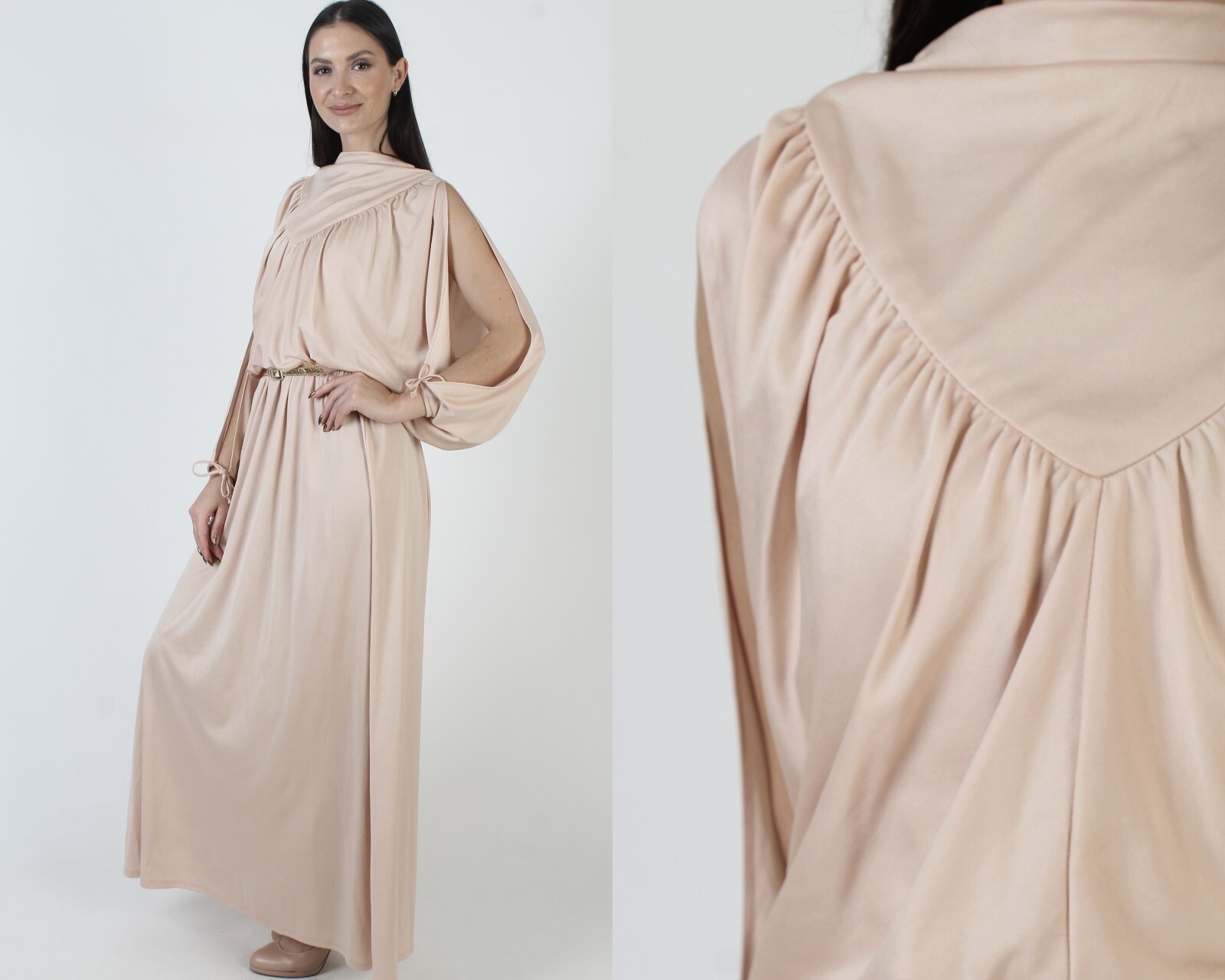 Vtg 70s Grecian Goddess Dress Champagne Jersey Split Sleeve Toga Roman Maxi