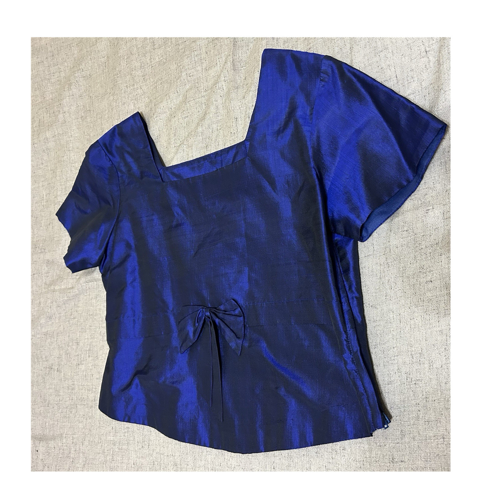 Vintage 60s Handmade Medium Blue Silk Taffeta Blouse Regency Glamour