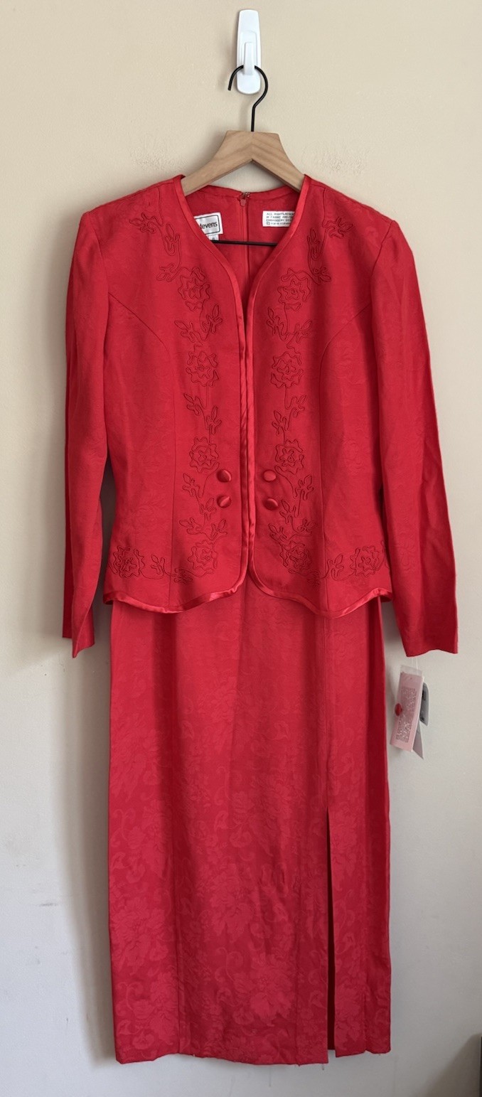 Dress Vintage Karin Stevens 90s One Piece Red Soutache Womens Size 6 NOS