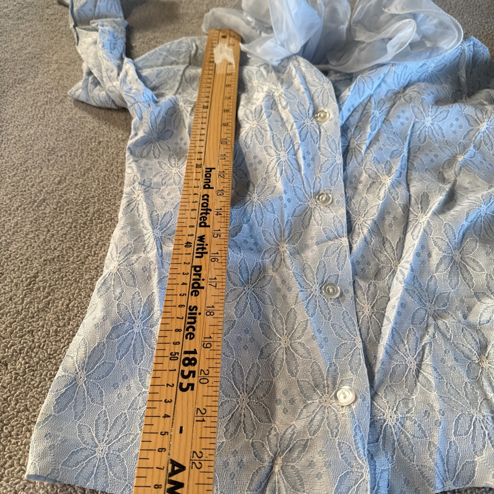 Vtg 70s Powder Blue Lace Eyelet Tuxedo Blouse Dramatic Ruffle Blouse see pics