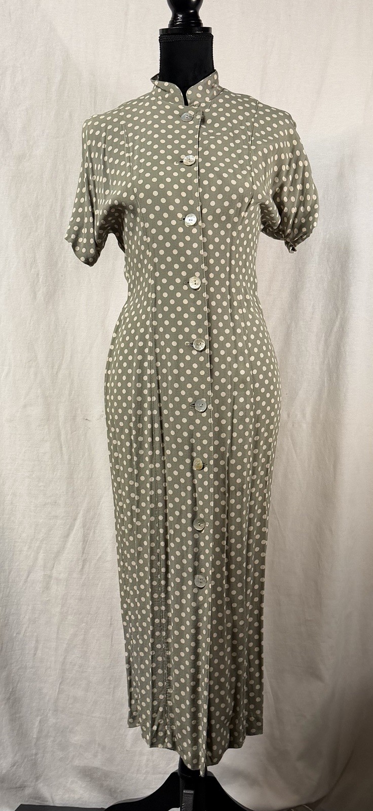 Vintage Claude Rene NY Green White Button Down Polka Dot Dress 1990&rsquo;s Size 6