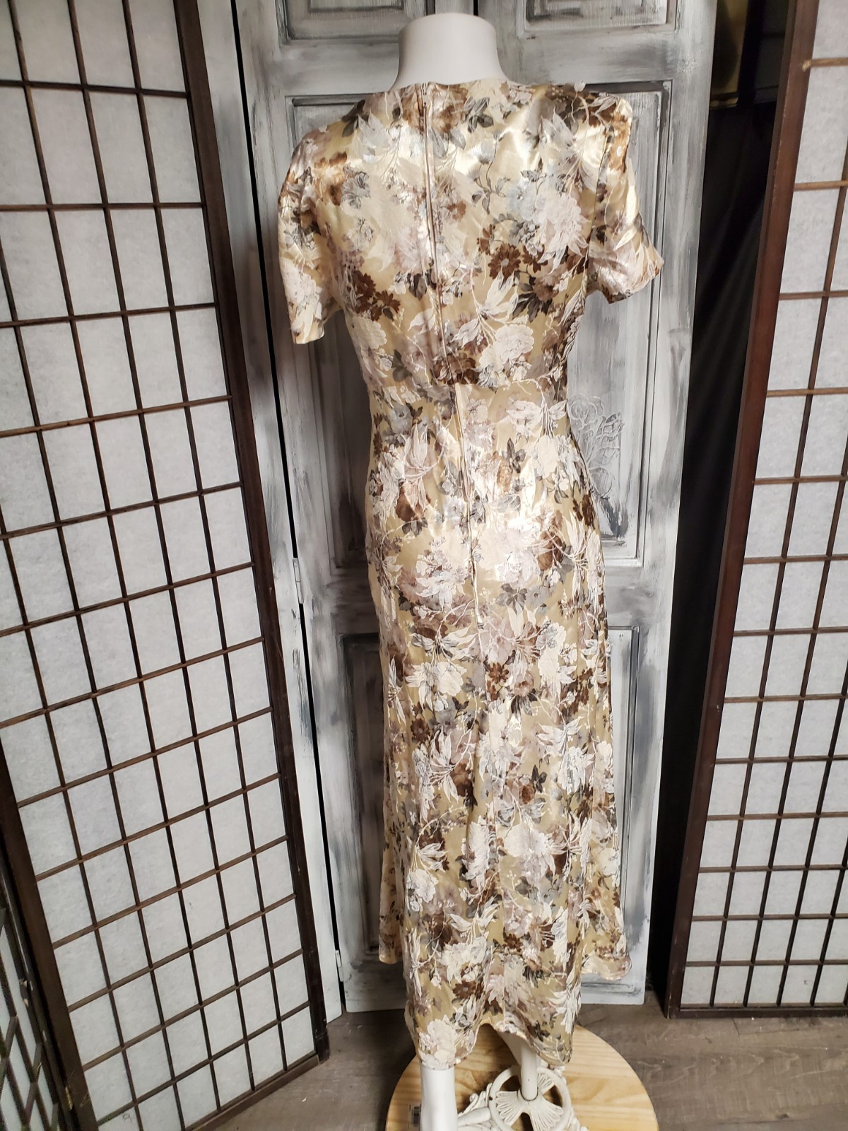 Vtg Benson & Smith Floral Roses XS-S 90s Ss Cottagecore Ss Gold Damask Midi