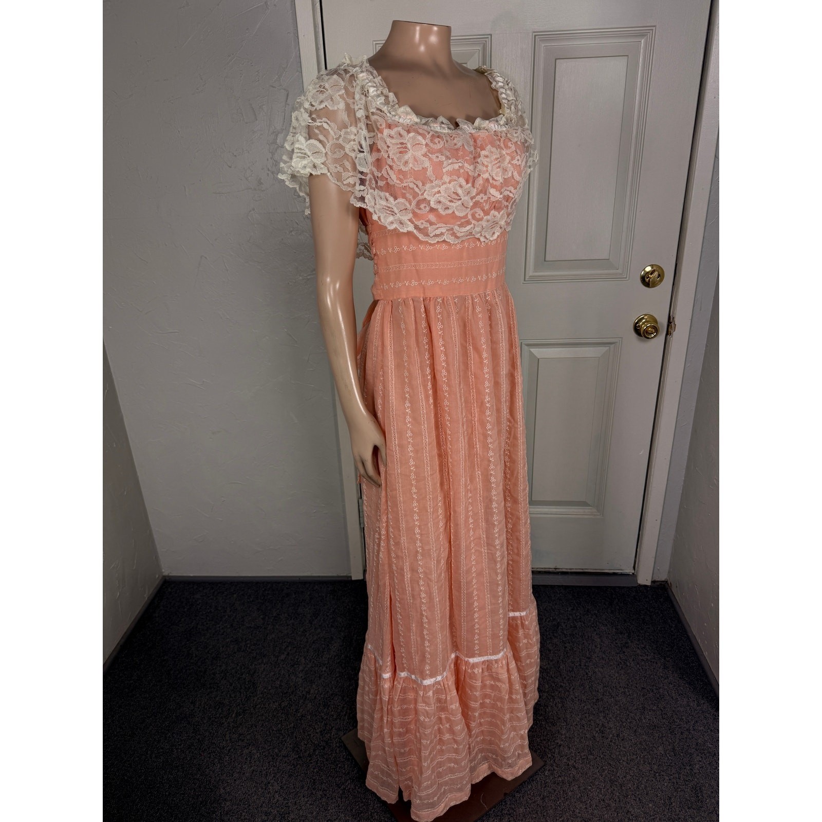 Vintage 70&rsquo;s Handmade Women&rsquo;s Dress Prairie Floral Cotton Lace Bridesmaid N10