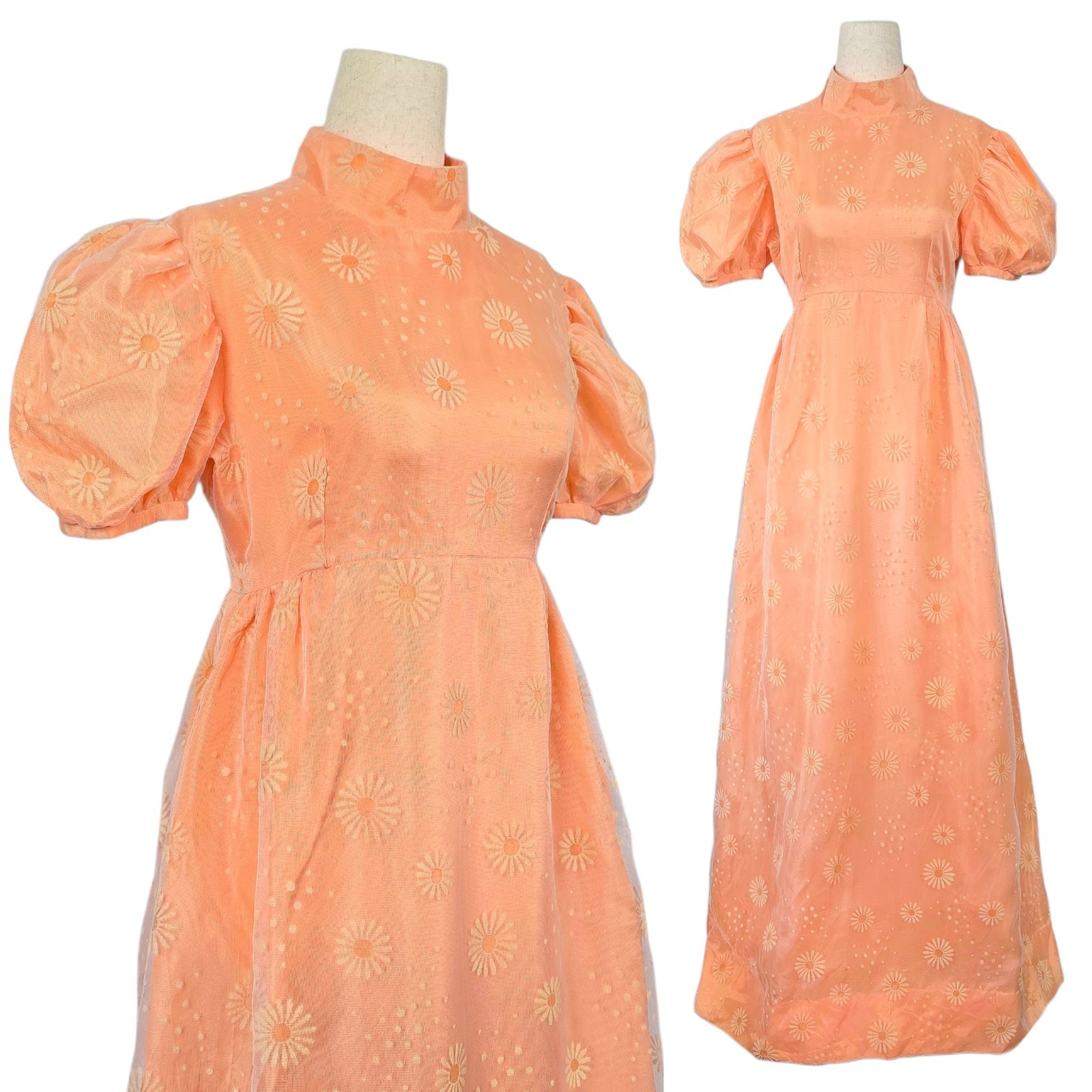 1960s Vintage Dress 60s Prom Gown Maxi Peach Orange Floral XS Small Puff Sleeves