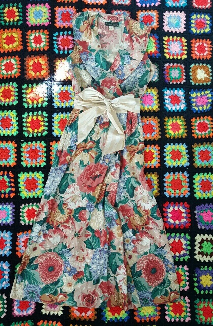 RARE Vintage 80s Cullinane Oversized Collar Cotton Wrap Dress Cottagecore Size 6