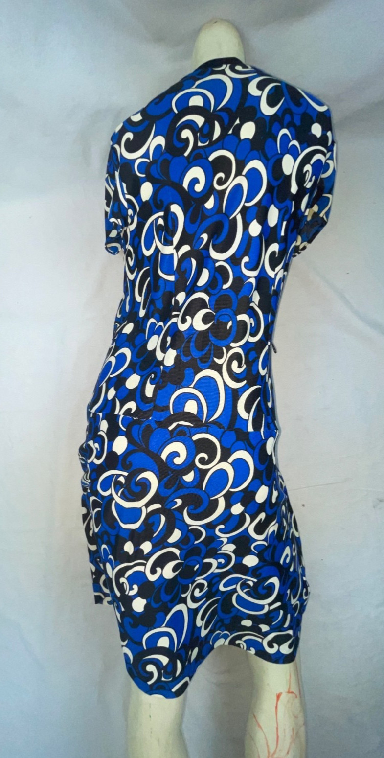 VTG 60s 70s WOMENS S BERKSHIRE BLUE GEOMETRIC DISCO RETRO BUTTON PARTY DRESS