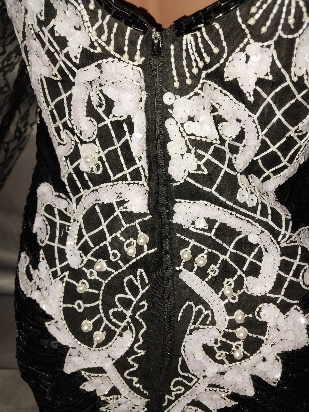 VTG GLAM DECO Sequins Beaded Mini Scalloped Dress Black White Silk Lined XS/P