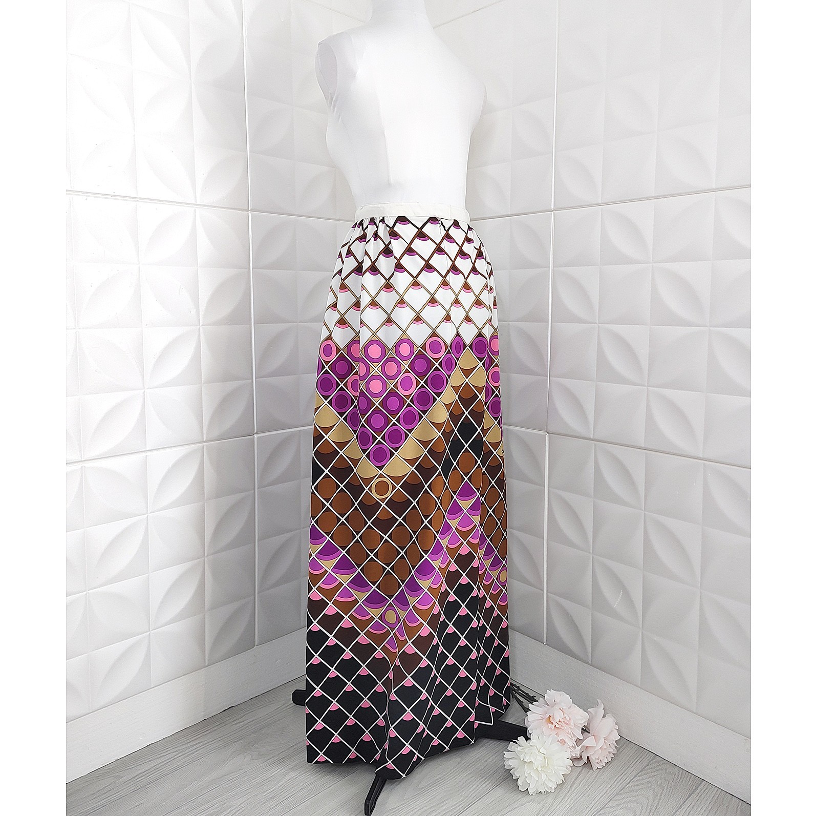 60s-70s Mod Psychedelic Maxi Skirt Purple Geometric Diamond Print Vintage Boho M