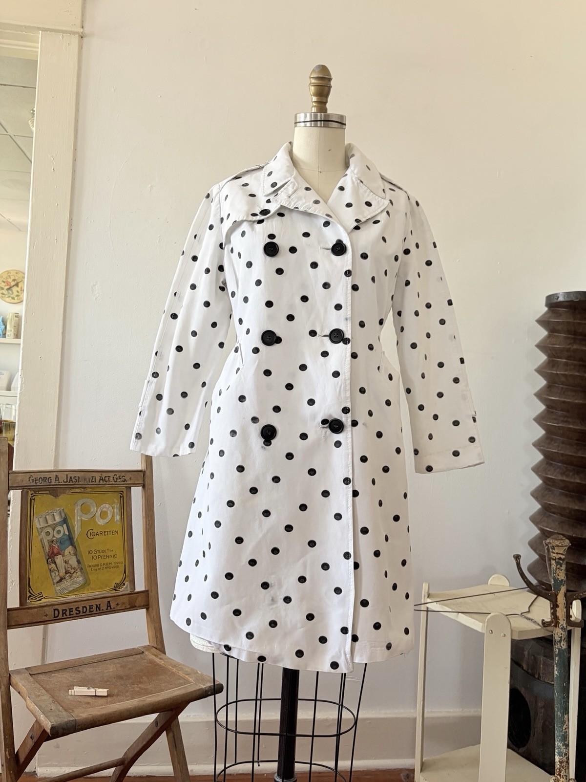 1960s Polka Dot Print Faille Trench Coat Double Breasted Jacket Jackie O 50s