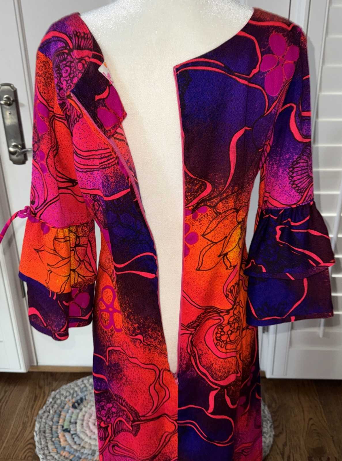 Vintage Sears Hawaiian Fashions Orange Purple Blue Barkcloth Maxi Dress 36” Bust