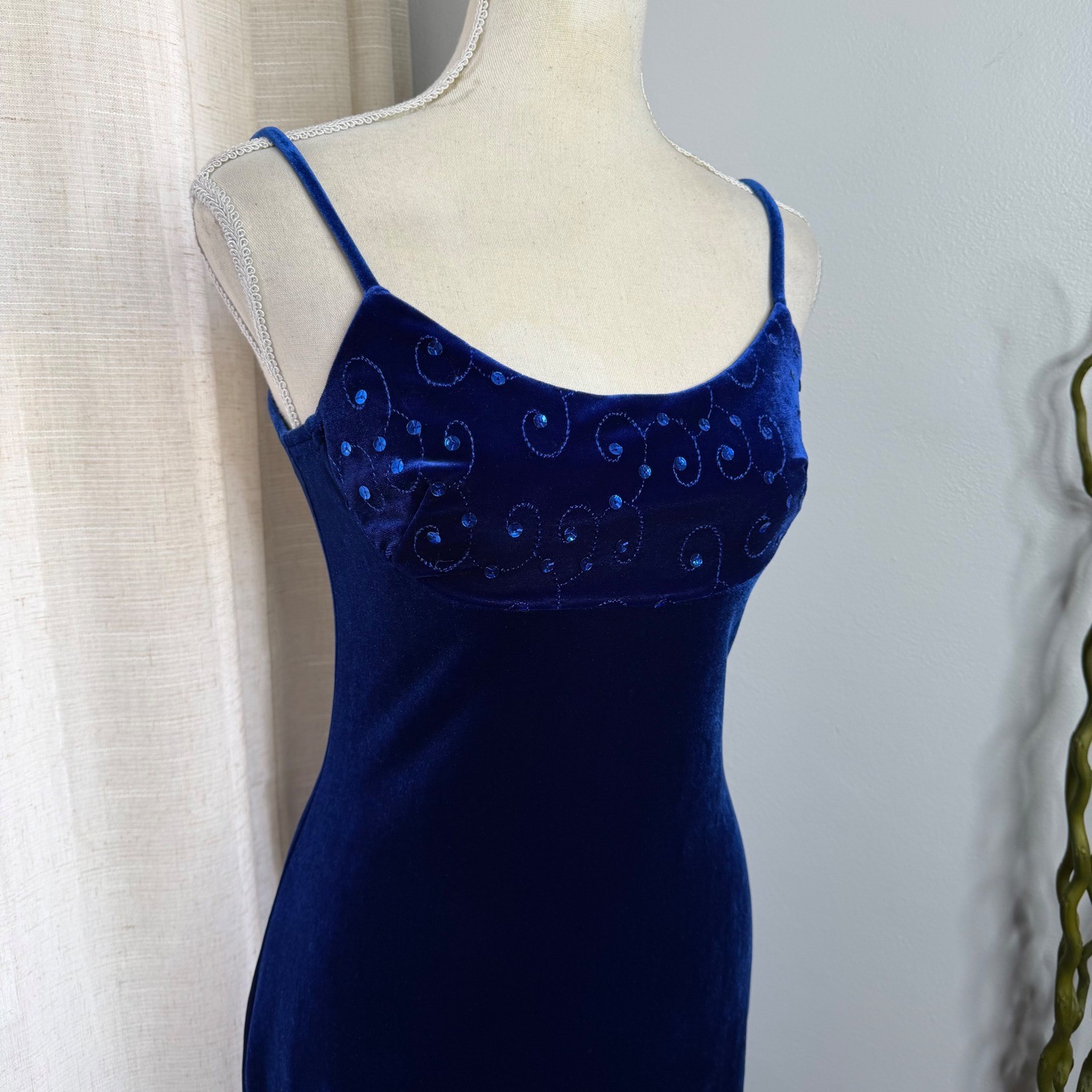 Y2K Vintage Jessica McClintock Gunne Sax Velvet Sequin Mini Dress Blue Women 5/6