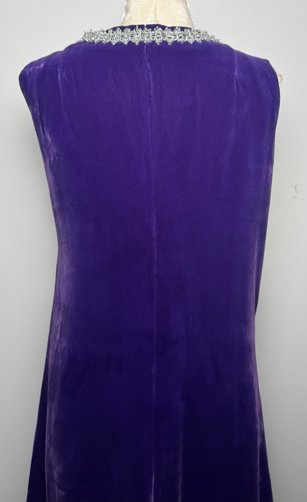Vintage Purple Velvet Hostess Gown Silver Trim Maxi Caftan Stage Dress