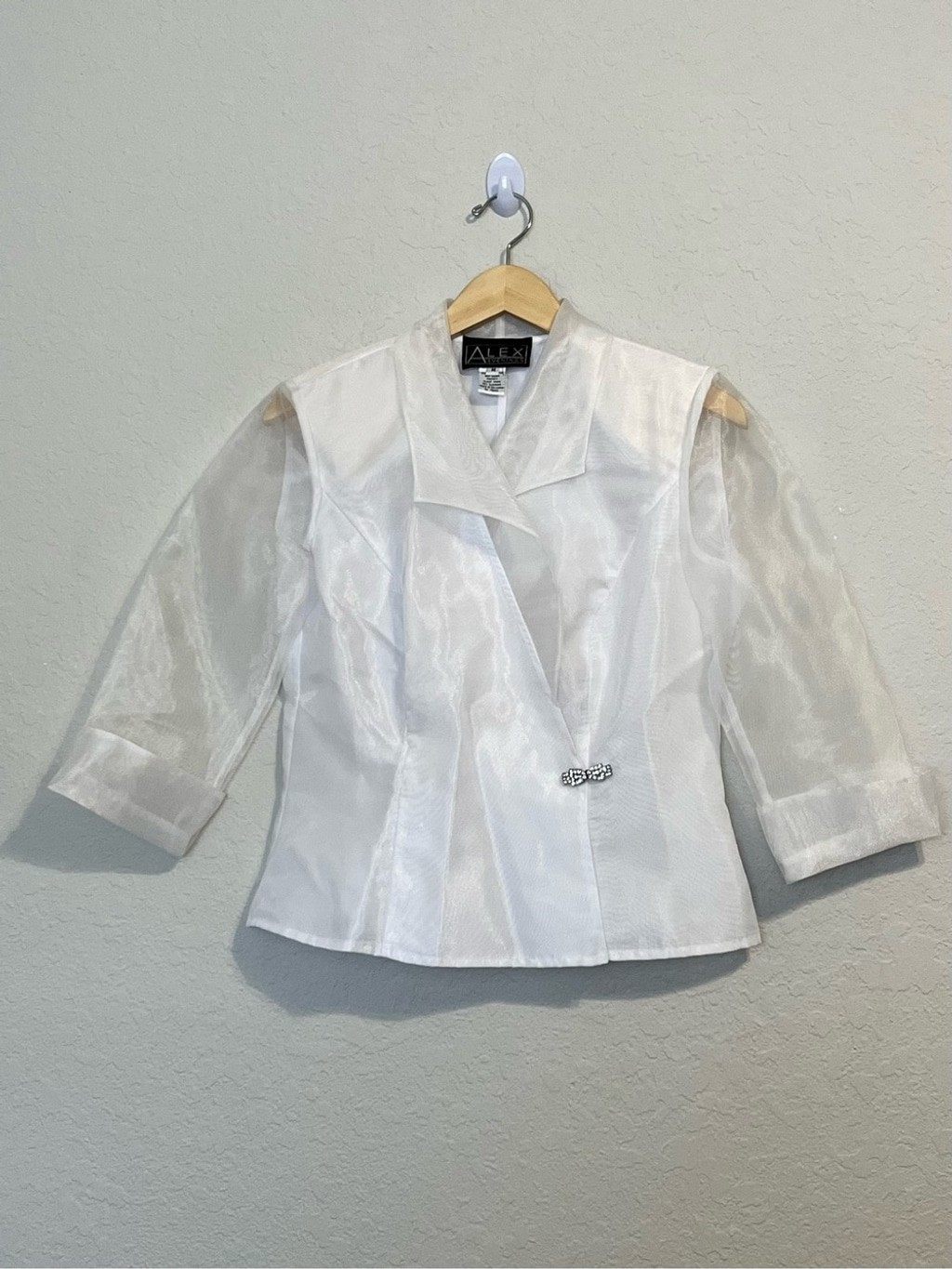 Alex Evenings White Sheer Organza Jacket Asymmetrical Rhinestone Clasp M Y2K