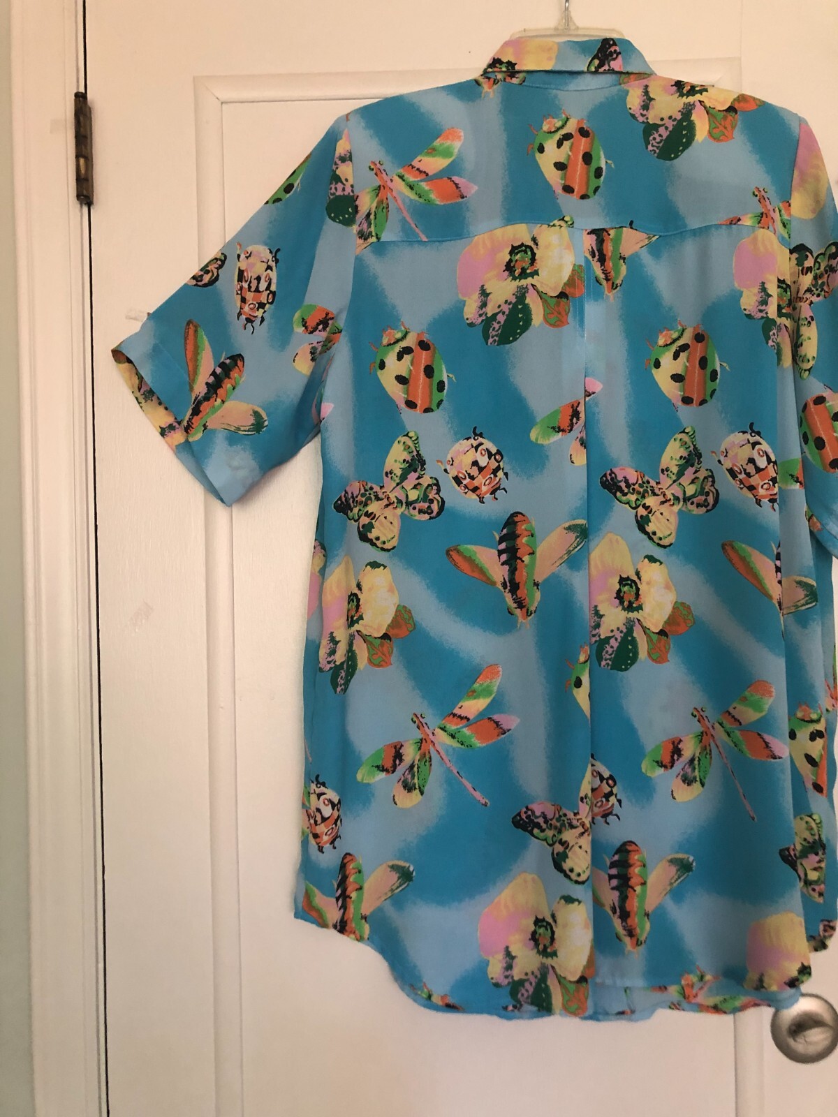 Vintage Blue Multicolor Tunic – Short sleeve, Buttons, pocket, delicate material