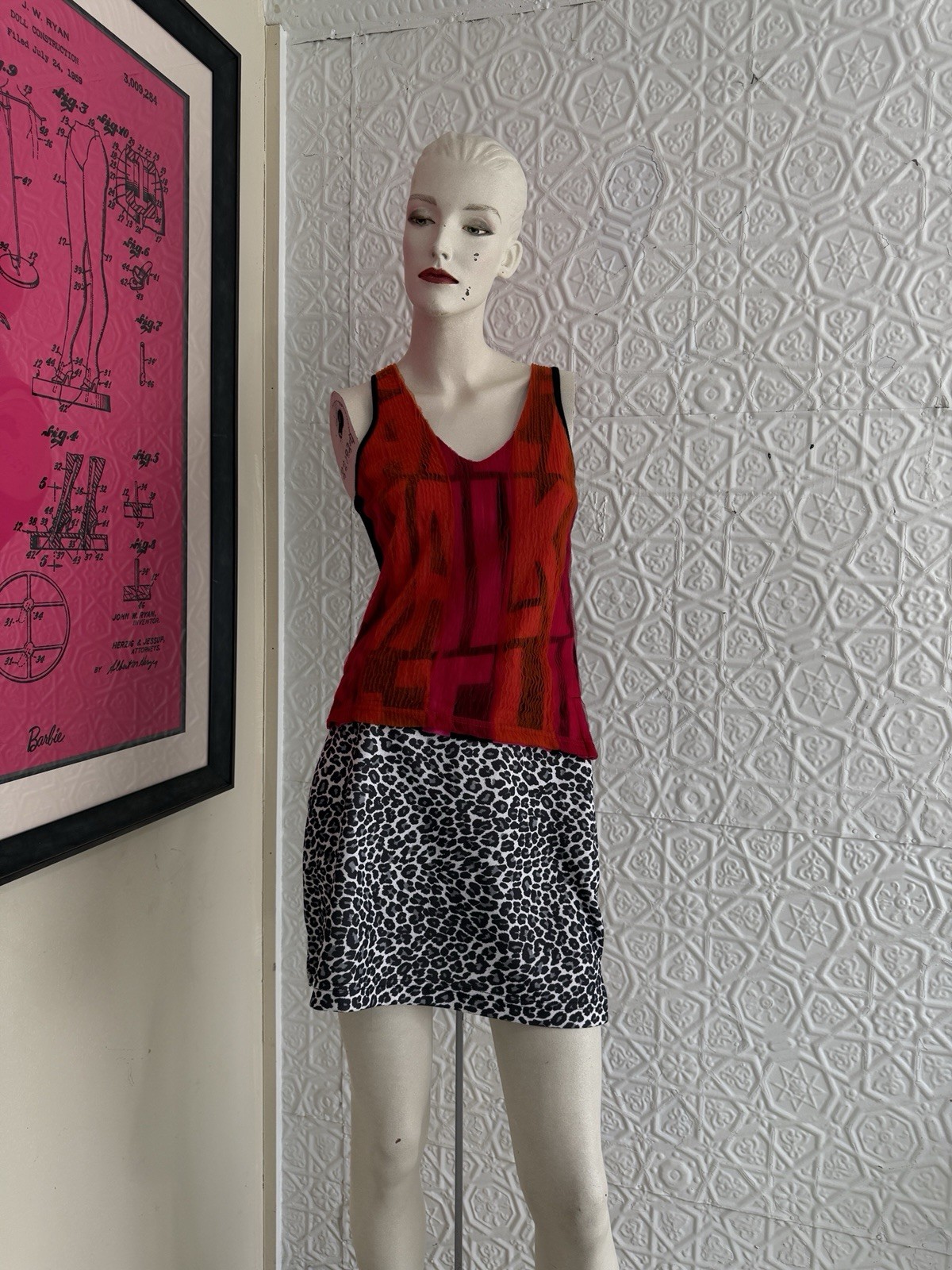 1990s black & white animal print mini skirt-vampy-vintage-USA made stretch-