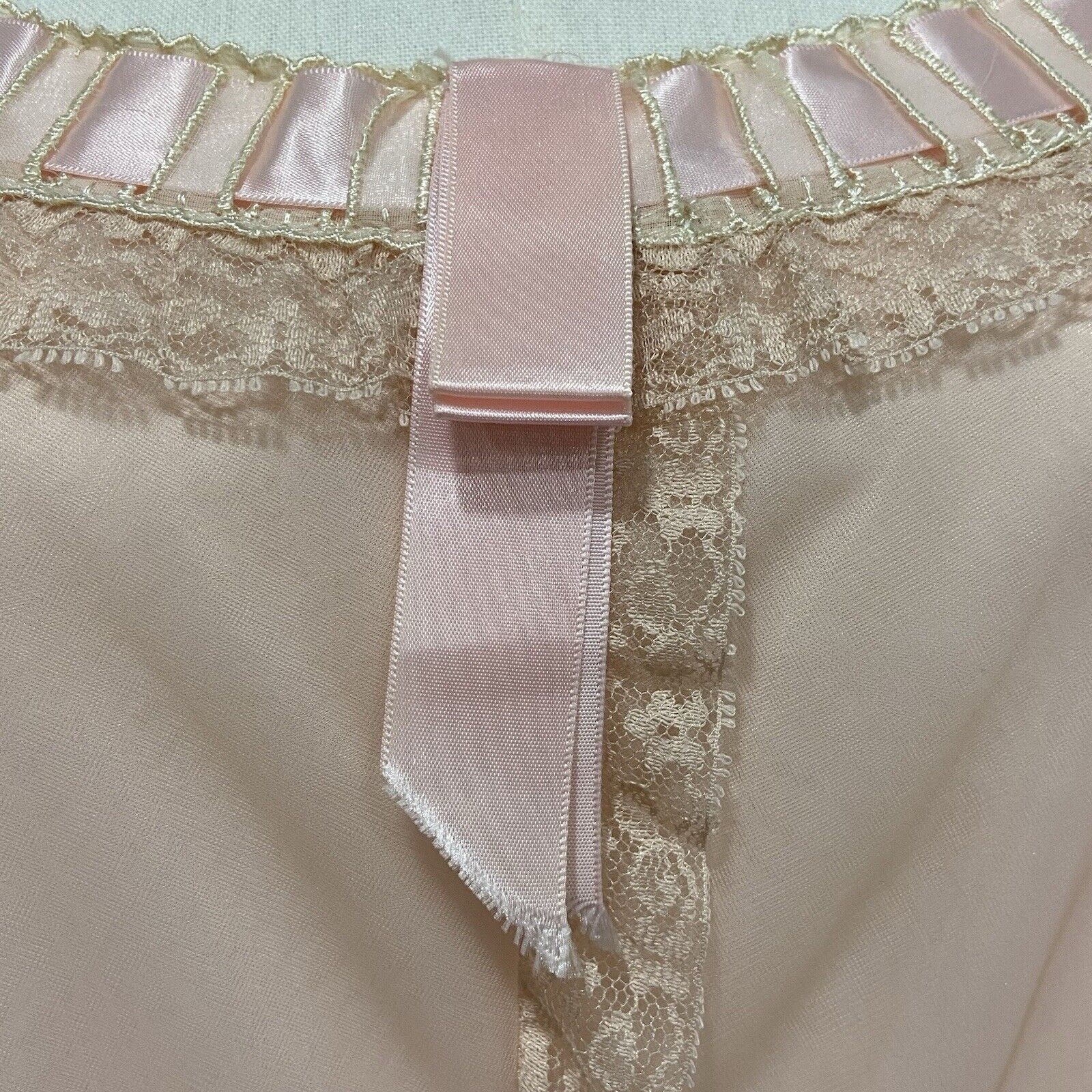Vintage 60s Odette Barsa Pink Nylon Chiffon Ribbon Lace Maxi Nightgown Size M