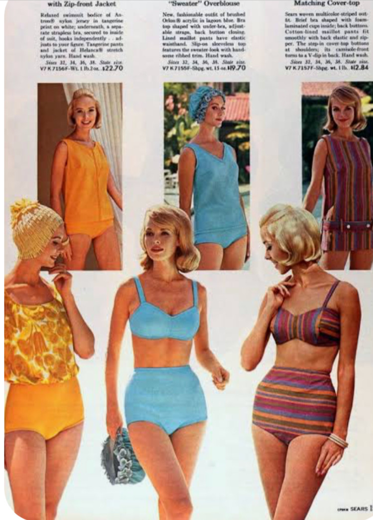 Vintage Sz 14 1960-70s Sky Blue Two Piece Bikini Set Knit Seersucker Stripe Mod