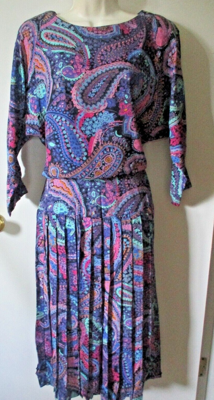 Vtg 80&rsquo;s Ed Michaels Dress 11/12 Secretary Bold Paisley Print Dolman Sleeve