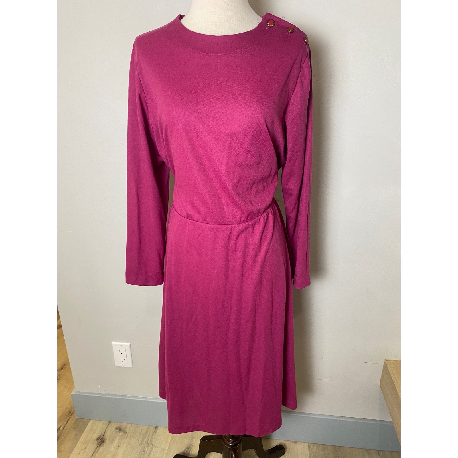 Vintage 70s Blair Magenta Pink Knit Midi Dress Long Sleeve Button Shoulder L