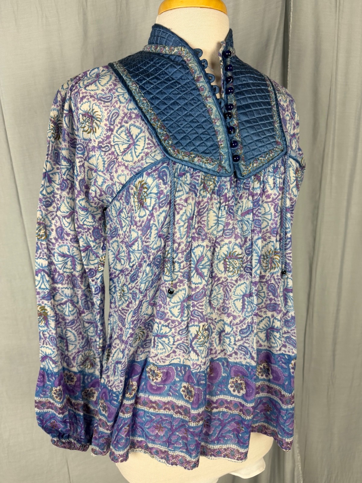 RARE STAR OF INDIA Vtg 70s Purple Blue Cotton Gauge Peasant Top-Bust 37/XS-S