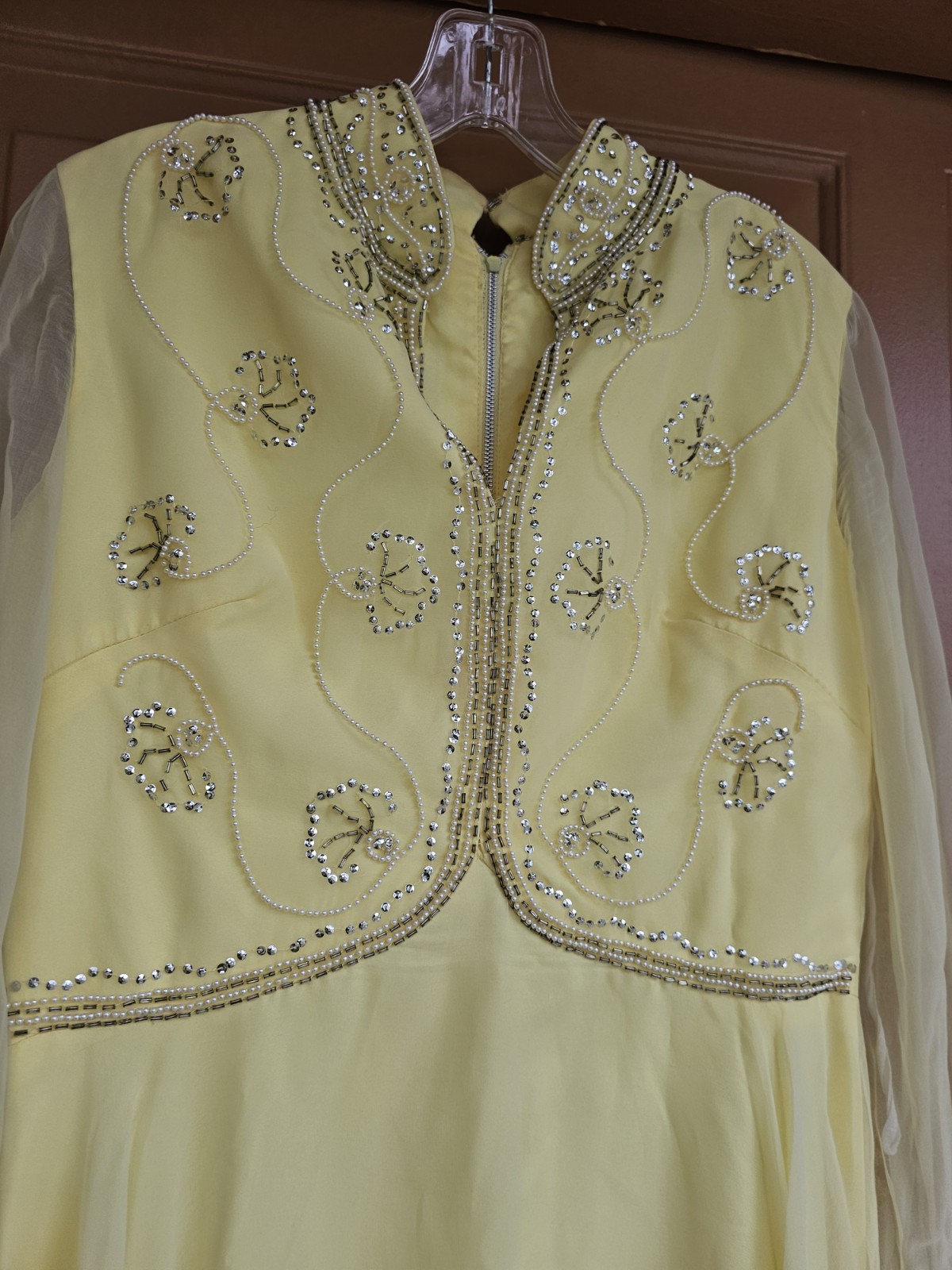 Vintage Custom Made Yellow Chiffon 1970s Formal Dress M