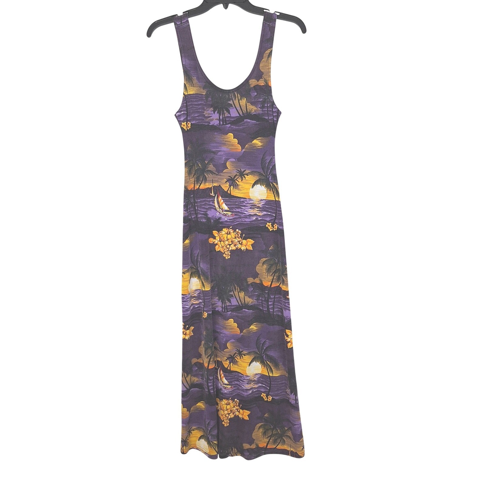 Vintage Y2K 90s Hawaiian Tropical Sunset Maxi Dress Whimsigoth Made in USA M