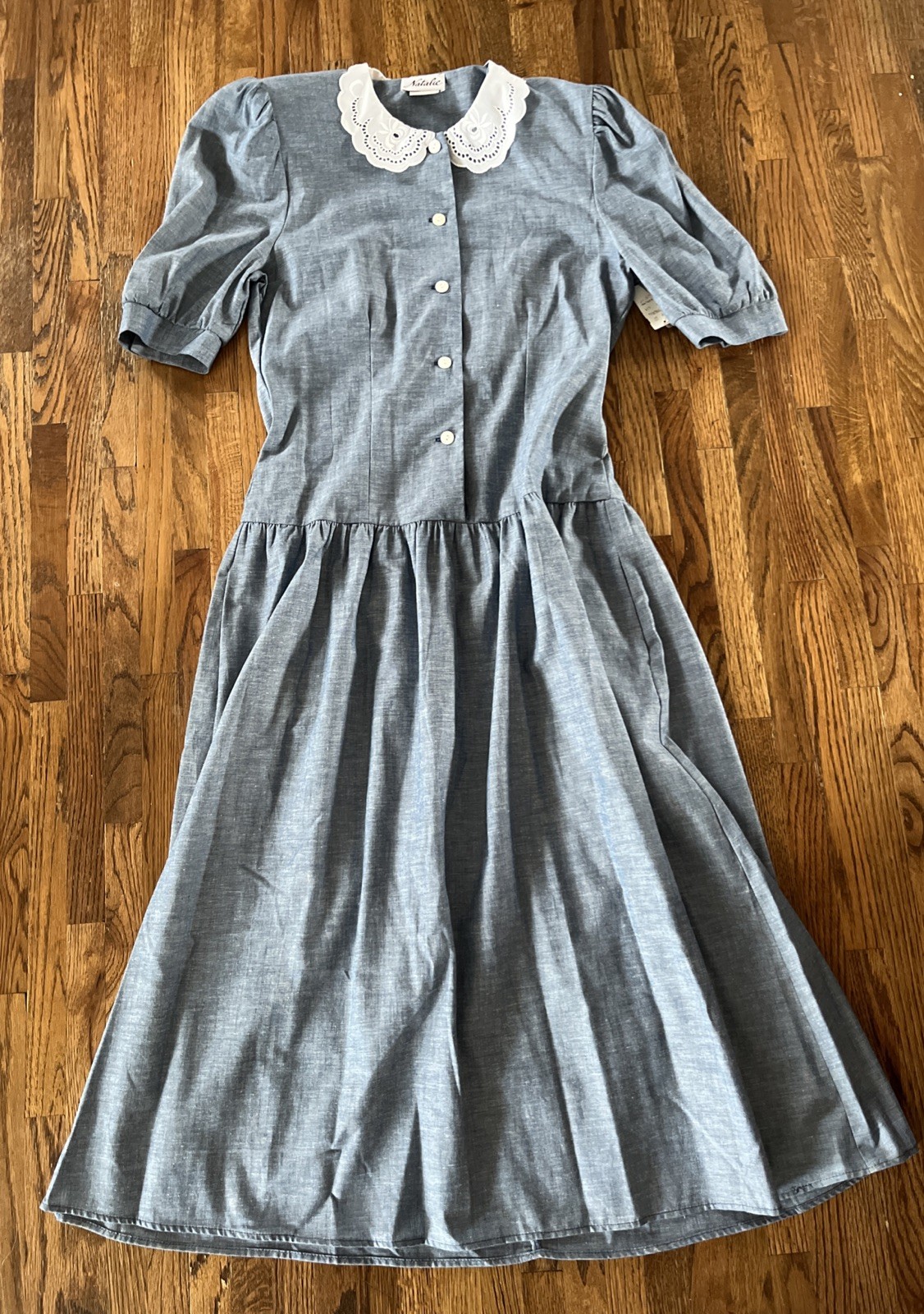 Vintage Light Blue Denim Chambray Modest Cottagecore Dress w/Lace Collar Sz 9/10