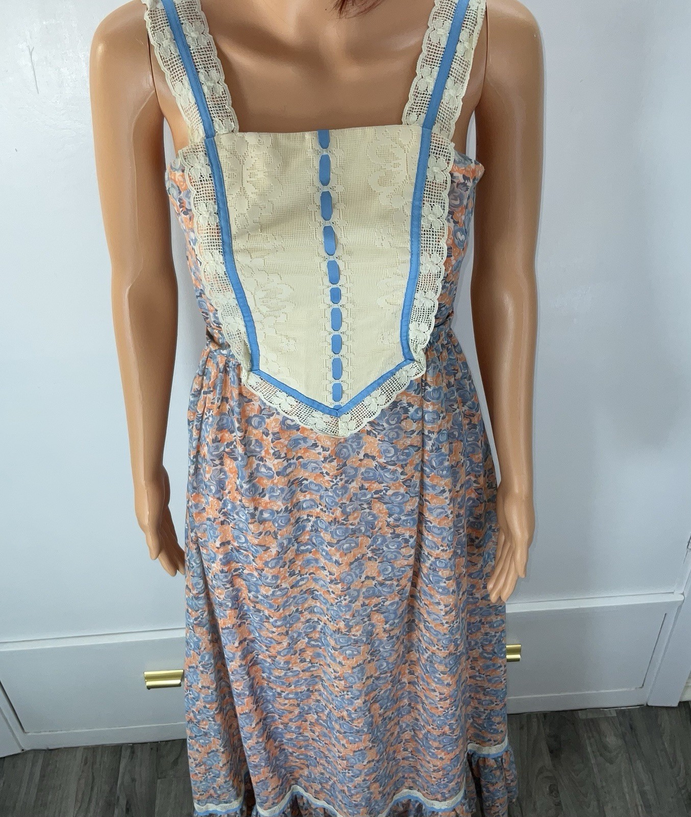 70s Praire Maxi Dress VTG Candi Jones Peach Blue Floral Lace Boho Hippie Sz 9