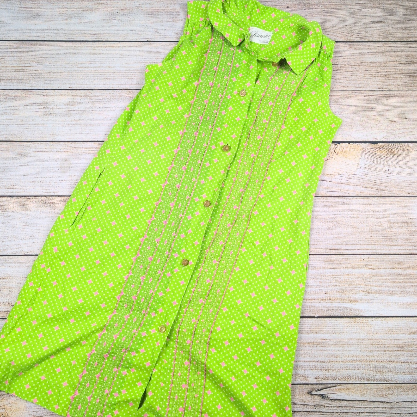 Vintage 60s Lime Green Pink Polka Dot Pintuck Ric-Rac House Dress Pockets