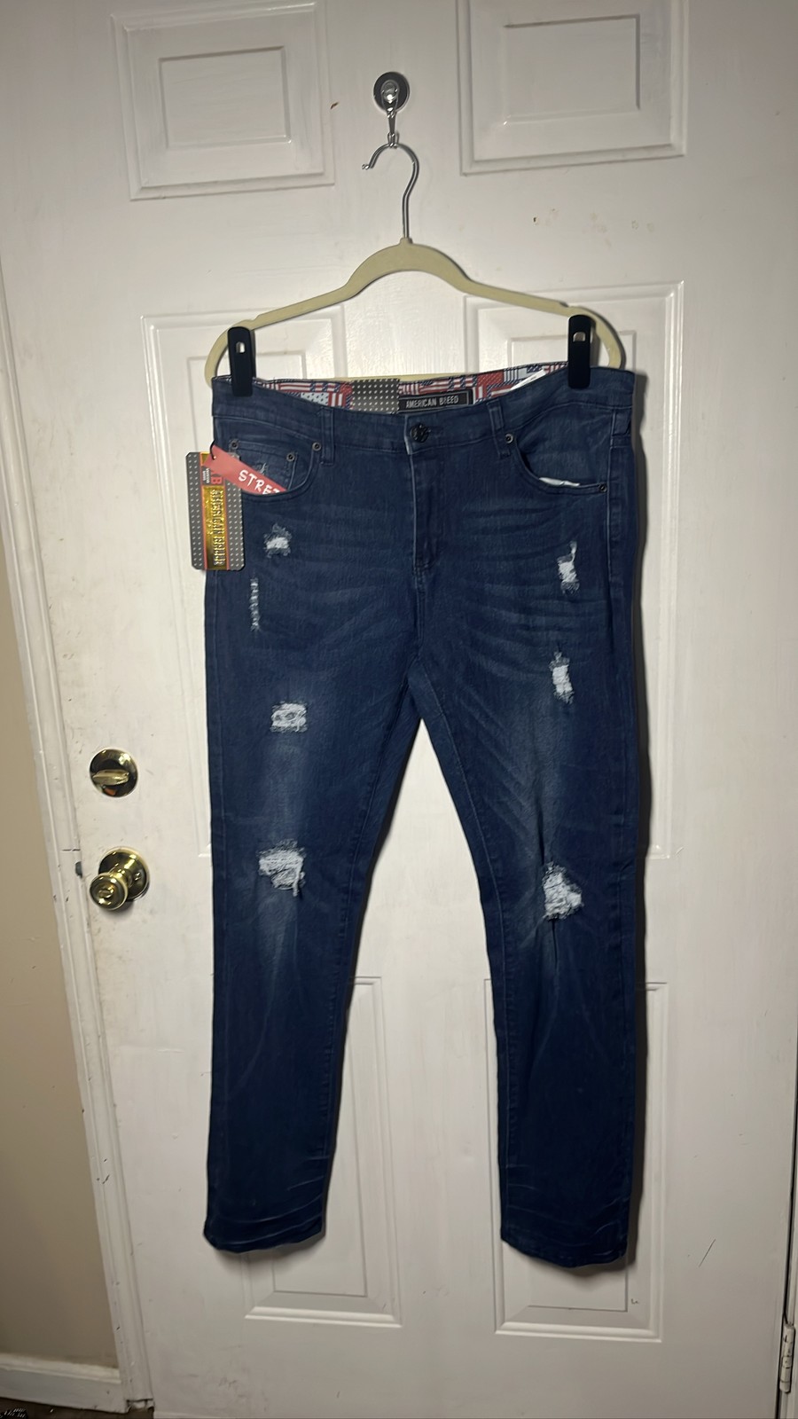 American Breed Men&rsquo;s Distressed Jeans Dark Blue Stretch Slim Fit Sz 34