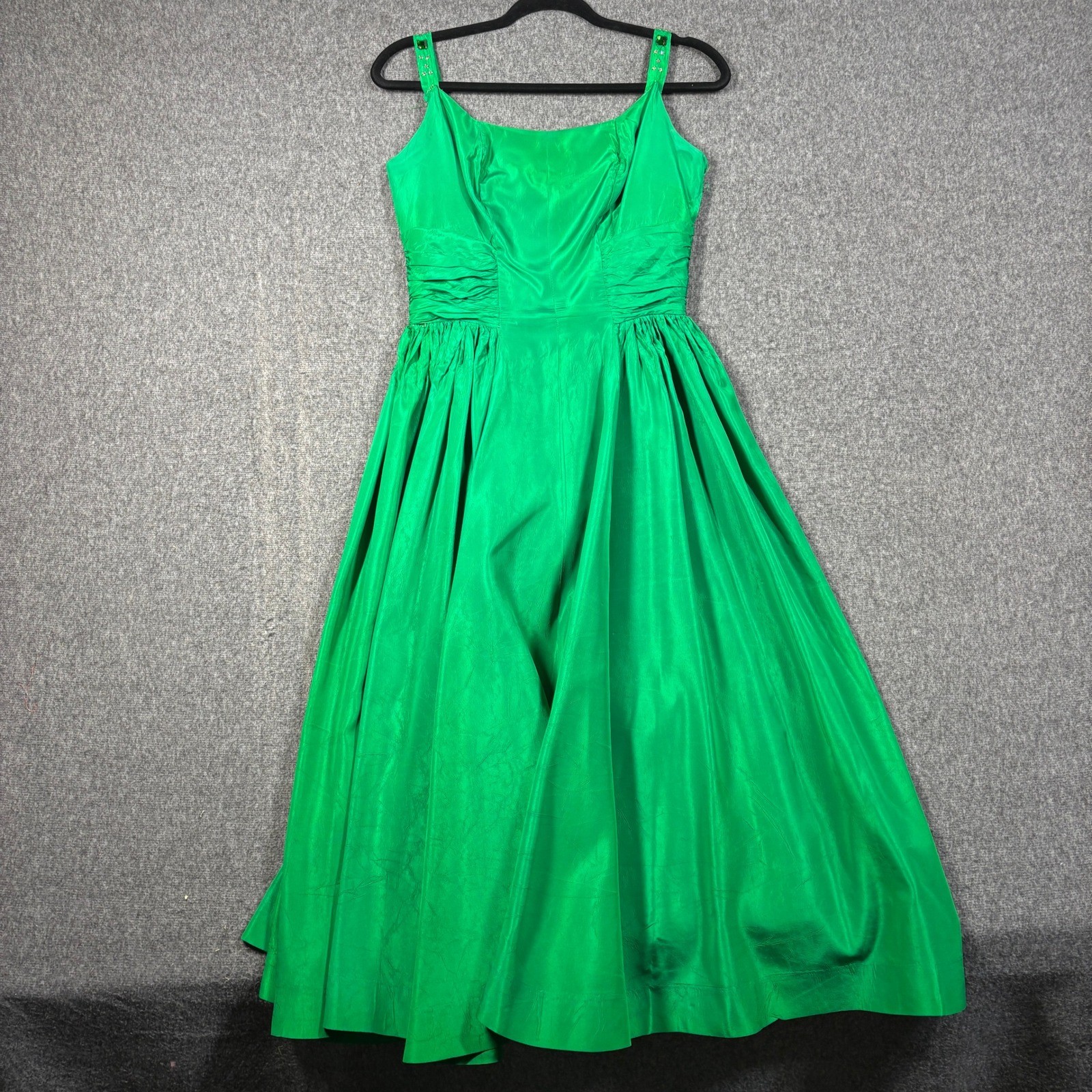 Vintage 50s Emerald Green Ruched Rhinestone Strap Bustle Back Evening Gown Dress