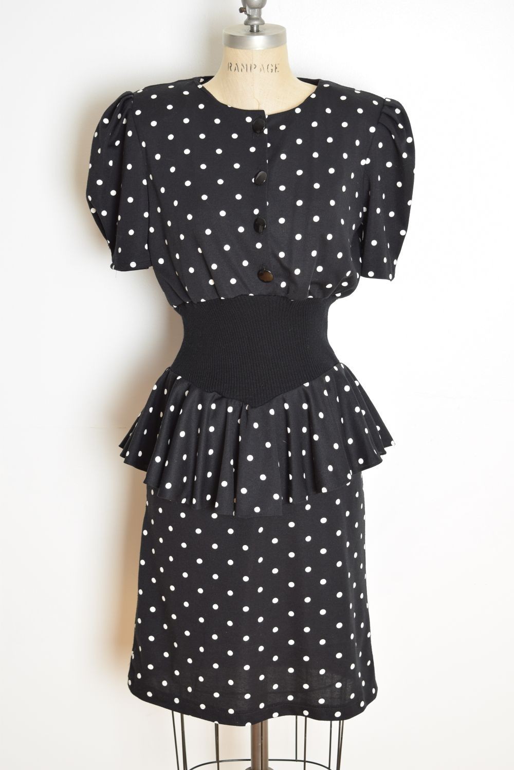 vintage 80s dress black white polka dot print peplum ruffle secretary puff M
