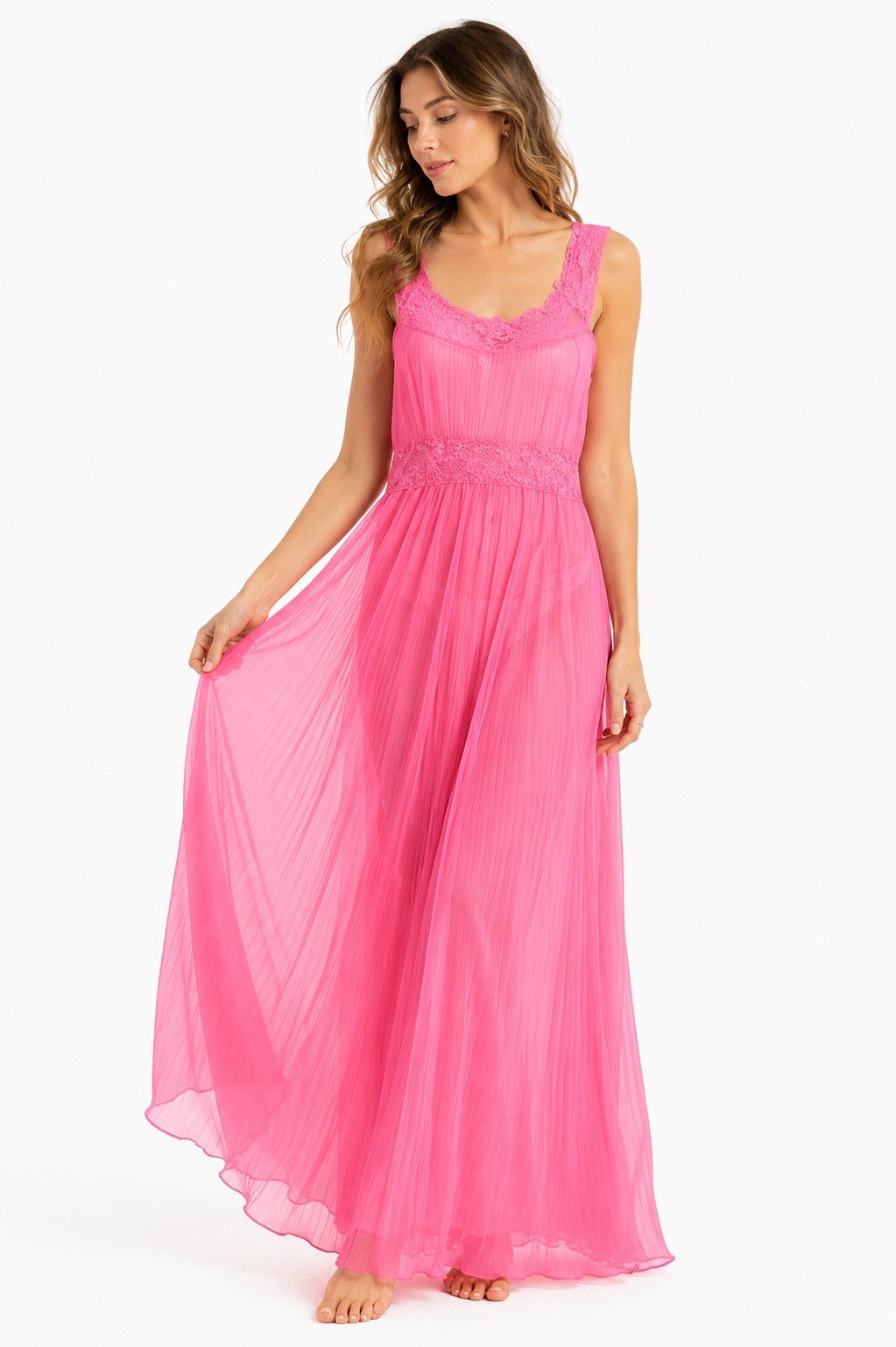 vintage 70s HOT PINK maxi nightgown XS peignoir coquette hot pink pleated sheer