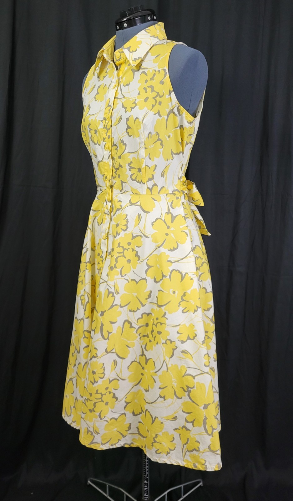 Vintage Karin Stevens White/Yellow/Grey Floral S/L Shirt Dress w Tie Size 10P