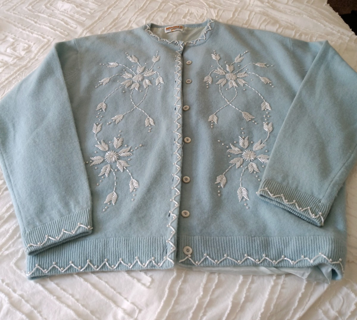 Vintage Moores Cashmere Cardigan Beaded Embroidered Powder Blue Pearl Trim Sweat