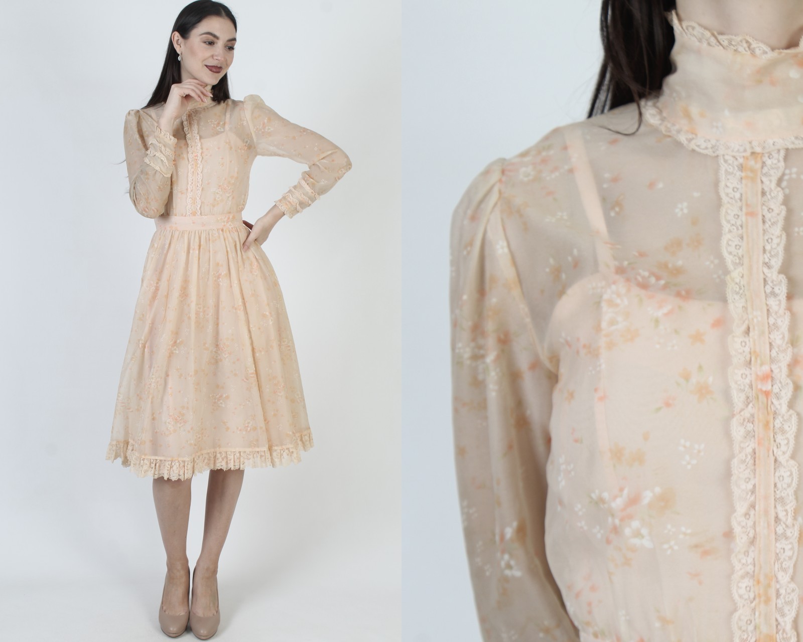 Vtg Peach Floral Calico Dress Cottage Peasant Sheer Boho Bridesmaids Tea Midi