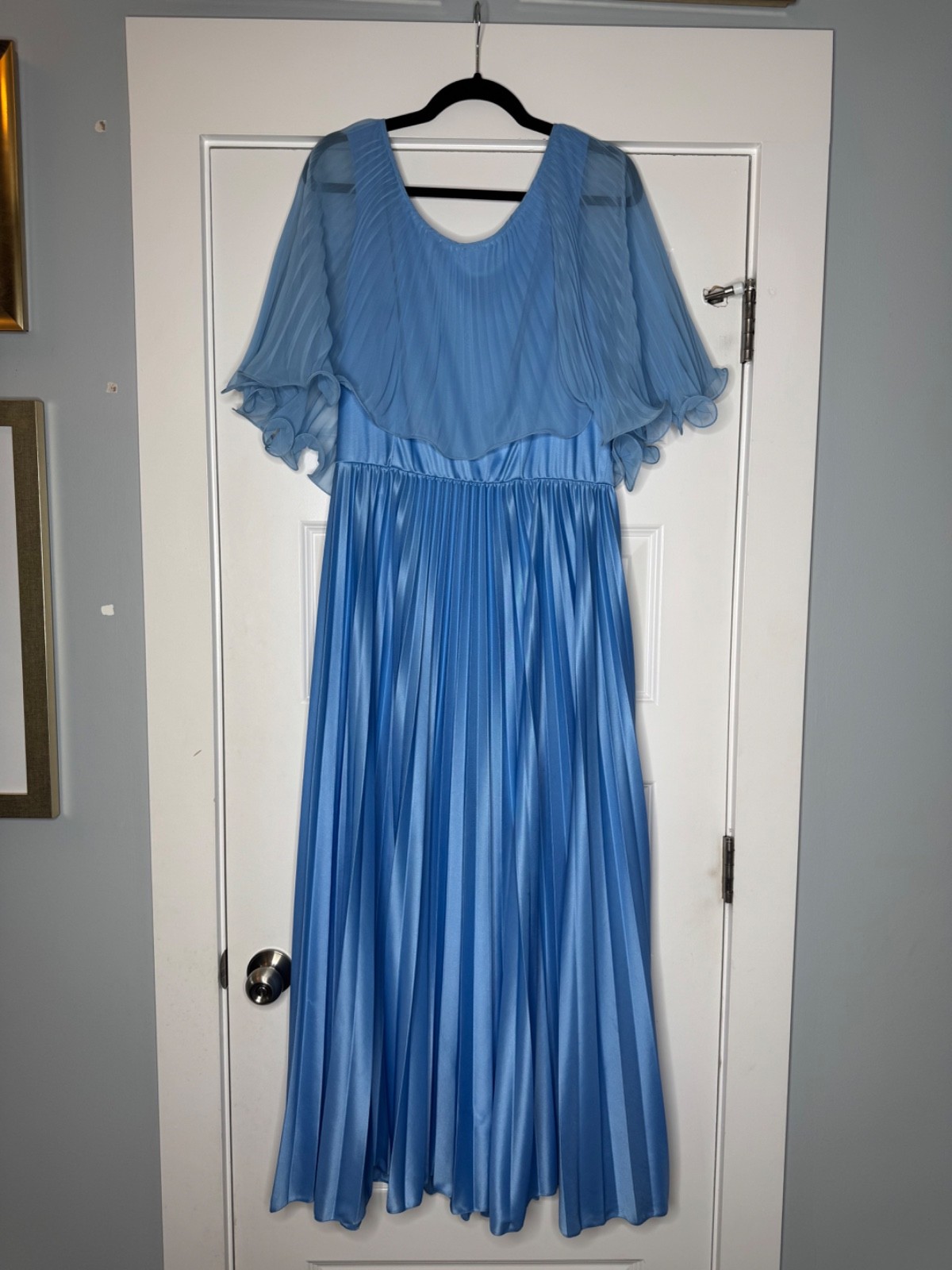 Vintage 70s Pleated Accordian Flutter Cape Maxi Dress Chiffon Gown Womens Blue
