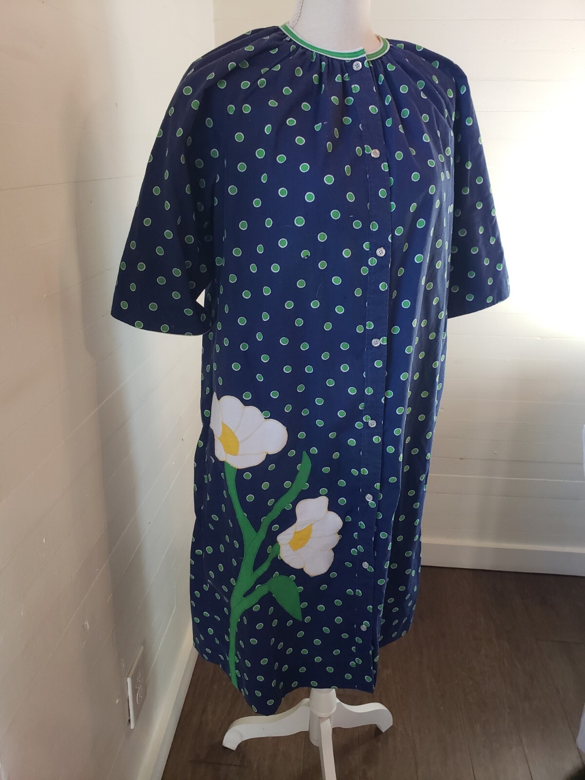 Vintage MODELS COAT Blue MultiColor Floral Snap Duster House Coat Pockets Med Lg