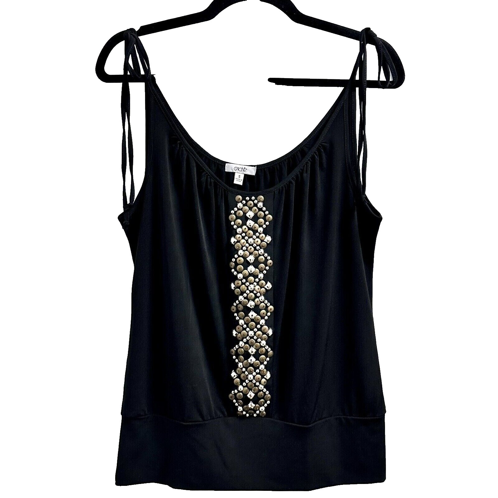 CACHE Y2K Black Bead & Studded Detail Shoulder Tie Banded Hem Top L (8-10) $78