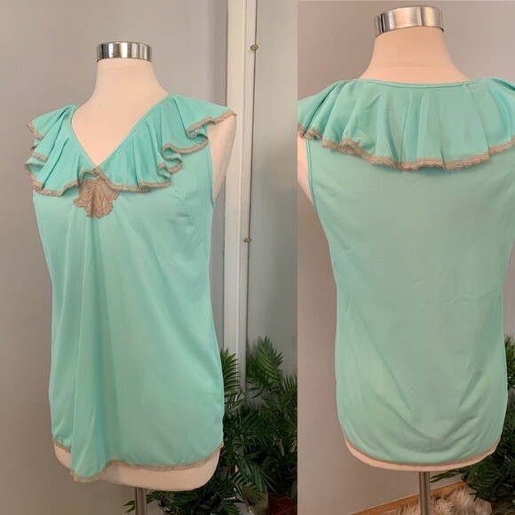 Vintage Cottagecore Ruffle Cami Nightie Top Mint S blouse Whimsycore Soft Girl