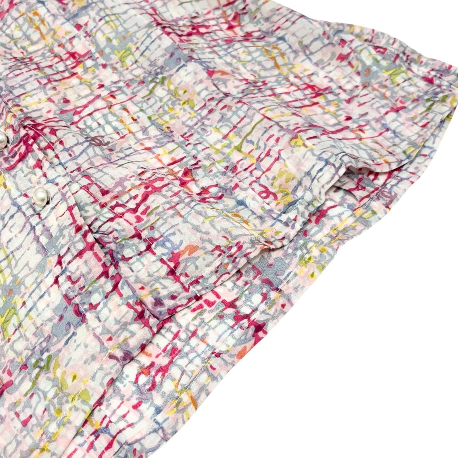 CHANEL Vintage 05C CC Tweed Print Shirt Blouse Top #34 Multicolor Silk 901994