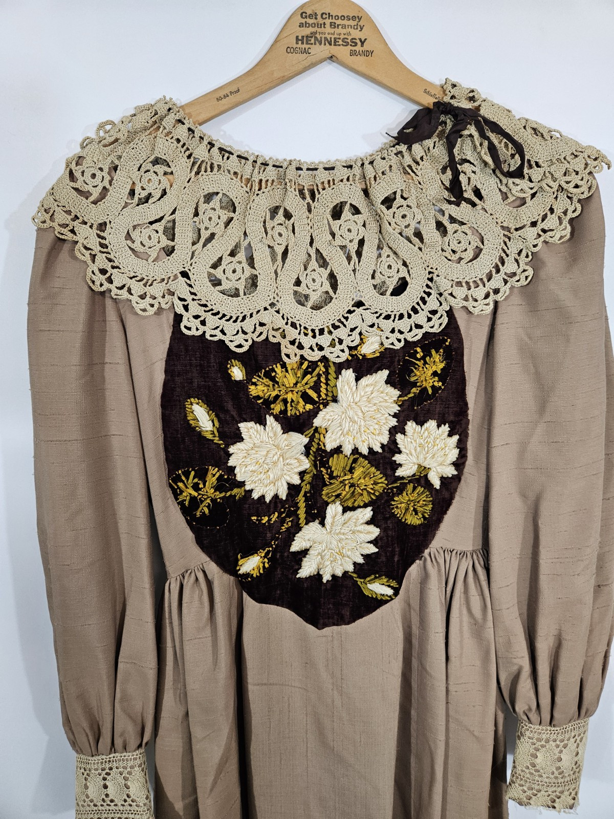 Vintage handmade crochet Lace embroidered dress reenactment theater Renaissance