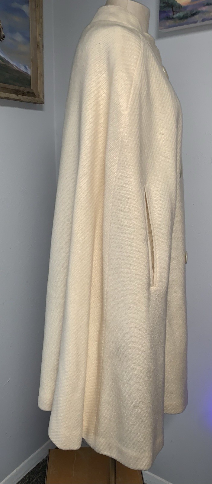 A5 60s CREAM UNION WOOL CAPE CLOAK DOUBLE BREASTED LARGE BUTTONS SZ 10/12 L/XL